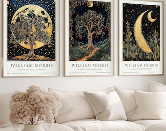 William Morris-printset, hemelse prints, maan- en sterrenprints, maanprint, sterrenprint, tarotprints, botanische muurkunst, cadeau voor haar