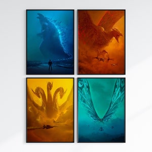 Monsterverse posters, Kong, Godzilla, Mothra, Ghidorah, Skull Island, King of monsters, Retro, Vintage, Wall Art, Monarch Poster, Monsters