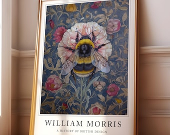 May include: A poster advertising an exhibition of William Morris cotton prints at the National Gallery, UK. The poster features a detailed illustration of a bumblebee surrounded by pink and white flowers on a blue background.