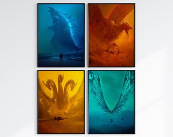 Monsterverse posters, Kong, Godzilla, Mothra, Ghidorah, Skull Island, King of monsters, Retro, Vintage, Wall Art, Monarch Poster, Monsters