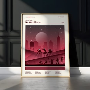 A stylish, minimalist poster featuring silhouettes of Spider-Man against a red and black cityscape backdrop with a full moon. Ideal for fans of Jon Watts' Spider-Verse film, this art print adds a modern, superhero flair to any wall decor.
