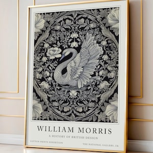 Swan Print, William Morris print, Textile Print, Gift for her, Wall art, Vintage Print, William Morris Swan, Exhibition Print, Monochrome