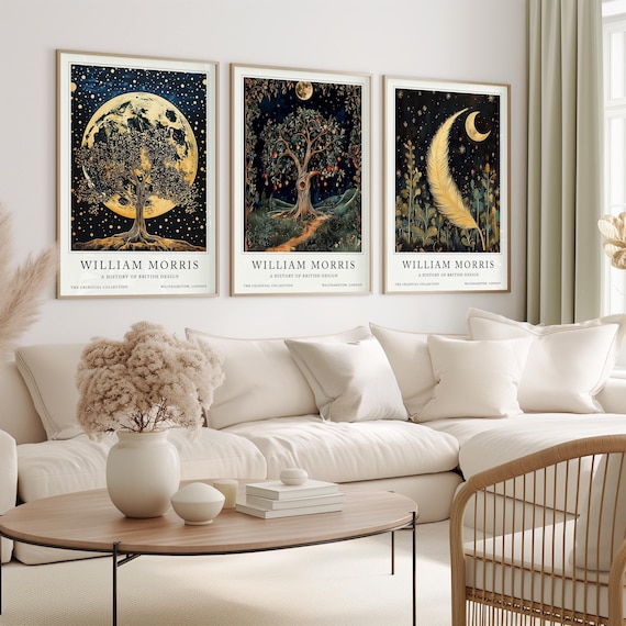 William Morris Print set, Celestial Prints, Moon and Stars prints, Moon print, Stars print, Tarot prints, Botanical wall art, Gift for her
