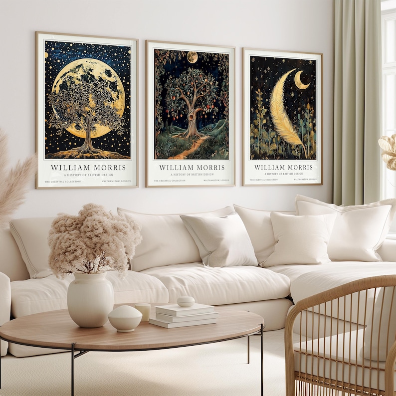 Set of three William Morris celestial nature posters featuring a tree under a glowing moon, a fruit tree beneath a full moon, and a feather beside a crescent moon, all framed by intricate starry and botanical designs.