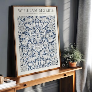 William Morris Blue Floral Pattern Print displayed in a minimalist mockup. The intricate botanical design in blue tones brings a vintage yet refined aesthetic to any room, perfect for home decor or gifting.