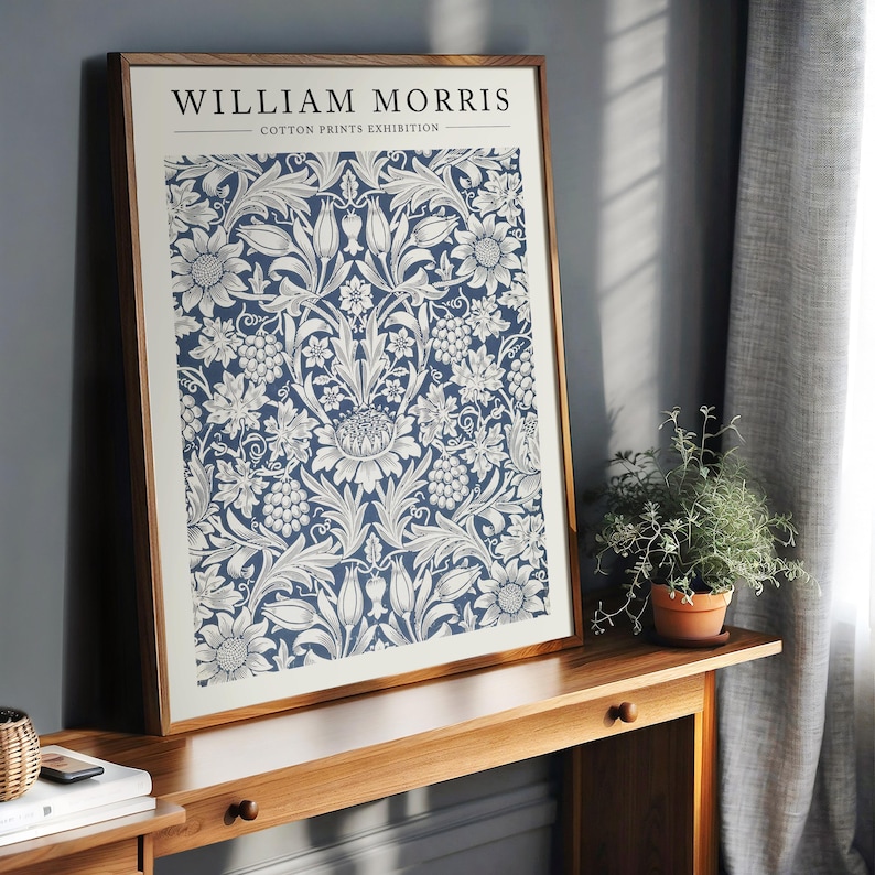 William Morris Blue Floral Pattern Print displayed in a minimalist mockup. The intricate botanical design in blue tones brings a vintage yet refined aesthetic to any room, perfect for home decor or gifting.