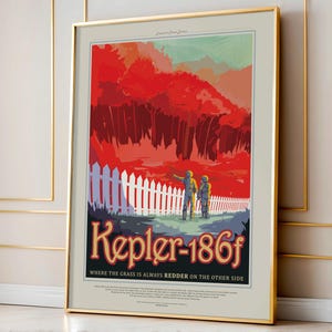 A bright and colorful Giclee print of Kepler-186f, a distant planet where the grass is red. The poster captures a futuristic, nature-filled scene ideal for sci-fi and space exploration lovers.
