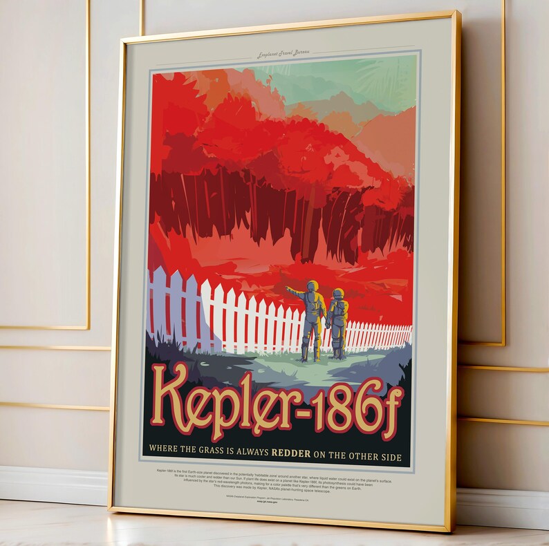 A bright and colorful Giclee print of Kepler-186f, a distant planet where the grass is red. The poster captures a futuristic, nature-filled scene ideal for sci-fi and space exploration lovers.
