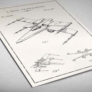 May include: A black and white line drawing of an X-Wing Starfighter, a fictional spacecraft from the Star Wars franchise. The drawing shows three different views of the spacecraft, labeled "Fig. 1", "Fig. 2", and "Fig. 3". The drawing is titled "X-Wing Starfighter" and includes the patent number "No. 456,266" and the date "Jan. 29, 1976".