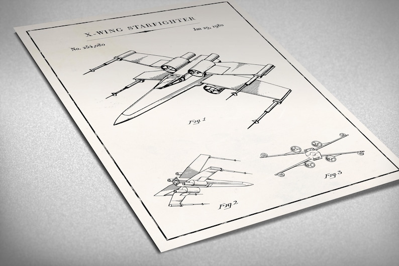 May include: A black and white line drawing of an X-Wing Starfighter, a fictional spacecraft from the Star Wars franchise. The drawing shows three different views of the spacecraft, labeled "Fig. 1", "Fig. 2", and "Fig. 3". The drawing is titled "X-Wing Starfighter" and includes the patent number "No. 456,266" and the date "Jan. 29, 1976".