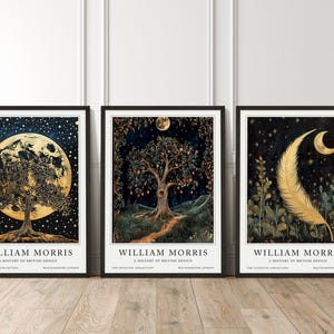 May include: Three framed prints with a black background and gold accents. The prints feature a moon with a tree, a tree with a bird's nest, and a feather with a crescent moon. Each print has the text "William Morris" and "A History of British Design" at the bottom.