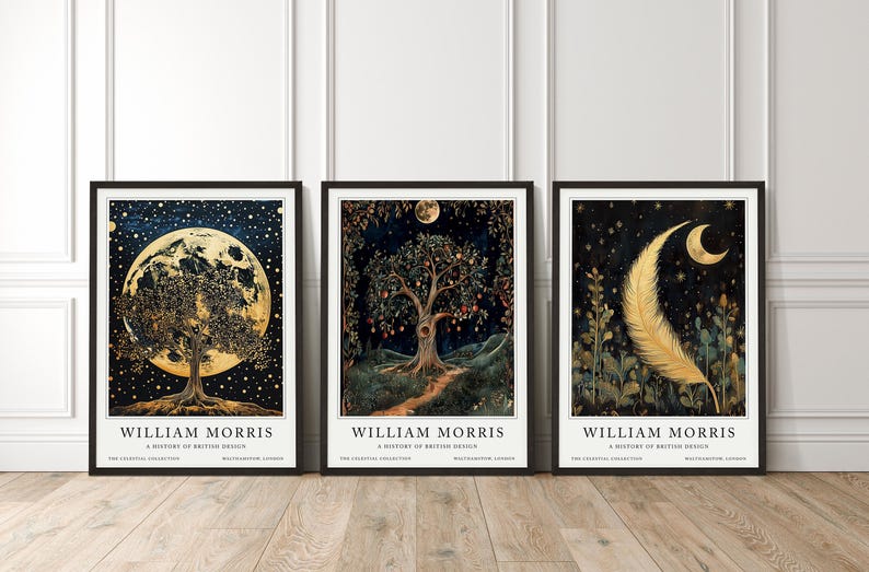 May include: Three framed prints with a black background and gold accents. The prints feature a moon with a tree, a tree with a bird's nest, and a feather with a crescent moon. Each print has the text "William Morris" and "A History of British Design" at the bottom.