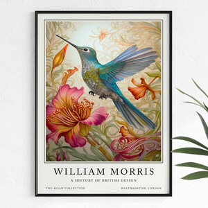 Pu&ograve; includere: Un poster in stile vintage con un colibr&igrave; colorato in volo, circondato da disegni floreali stilizzati. Il poster &egrave; intitolato "William Morris: Una storia del design britannico" e include il testo "The Avian Collection" e "Walthamstow, Londra".
