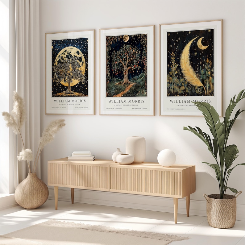 Set of three William Morris celestial nature posters featuring a glowing moon behind a tree, a vibrant fruit tree under a full moon, and a delicate feather against a starry sky. Perfect for nature and celestial wall art lovers.