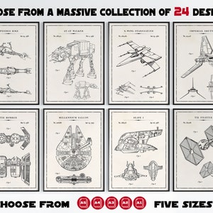 Star Wars Blueprints Wall Art, Vehicles Movie Poster Print, Patent Prints, Patent Poster, Millennium Falcon, AT-AT, X-Wing, The Mandalorian