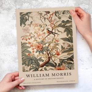 A detailed William Morris Bird Print featuring intricate botanical and floral patterns in warm earthy tones. The design highlights rich textures and delicate details, ideal for vintage-inspired wall decor or a unique artistic addition to any space