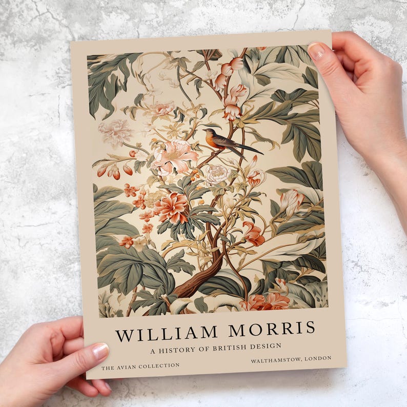 A detailed William Morris Bird Print featuring intricate botanical and floral patterns in warm earthy tones. The design highlights rich textures and delicate details, ideal for vintage-inspired wall decor or a unique artistic addition to any space