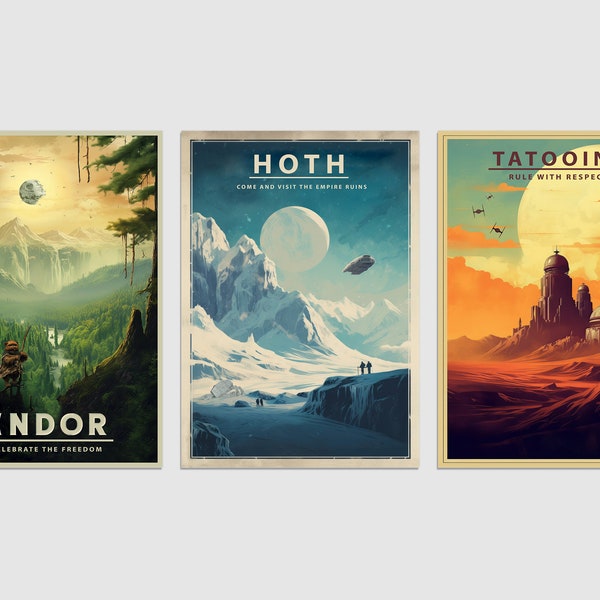 Star Wars Posters, Vintage Star Wars, Wall Art, Movie Poster Print, Space Travel Poster, Set of 3, Star Wars Film,Gift for her, Gift for Him