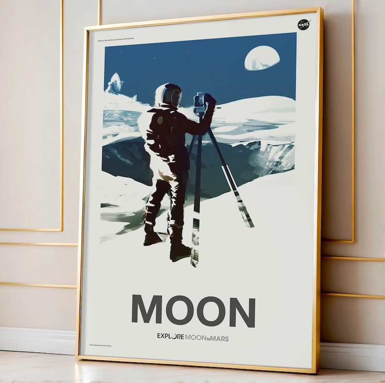 A Nasa poster featuring the Moon and its mysteries. The Giclee print captures a vintage-inspired astronaut on the lunar surface, offering adventure and exploration for fans of space travel.