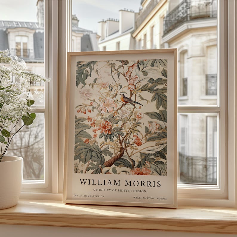 May include: A framed poster with a floral design featuring a bird and the text "William Morris, A History of British Design, The Avian Collection, Walthamstow, London."