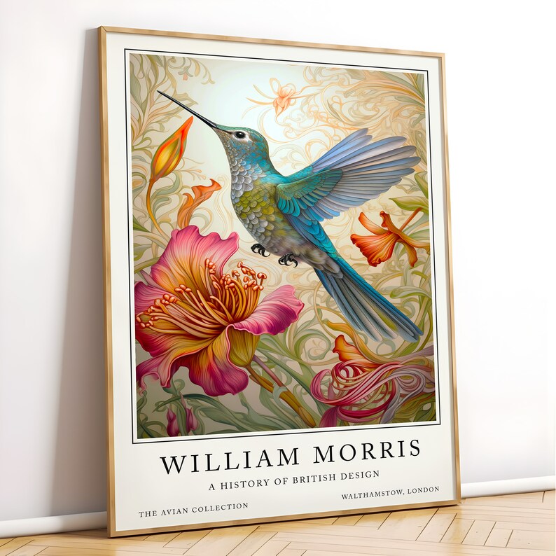 A detailed print featuring a colorful hummingbird in mid-flight against a backdrop of ornate, swirling floral patterns, embodying the elegance of British design and the Art Nouveau style.