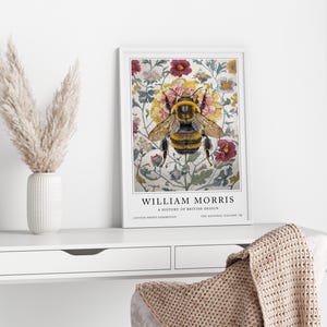 May include: A framed print of a bee surrounded by flowers. The print is titled "William Morris: A History of British Design".