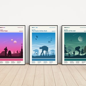 Star Wars Prints, Star Wars Movie Trilogy, Minimal Movie Poster, A New Hope, Empire Strikes Back, Return of the Jedi, Star Wars Gift