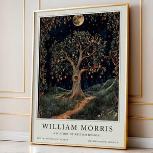 William Morris celestial nature print trio displayed in an interior setting, showcasing their harmonious designs and versatile use as a cohesive wall art set.