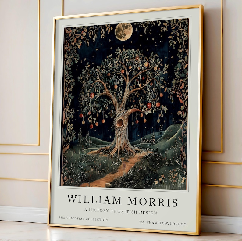 William Morris celestial nature print trio displayed in an interior setting, showcasing their harmonious designs and versatile use as a cohesive wall art set.
