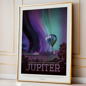 A colourful Nasa space exploration poster depicting the powerful auroras of Jupiter. This Giclee print features a balloon floating over the planet, creating a sense of wonder and adventure for space lovers.