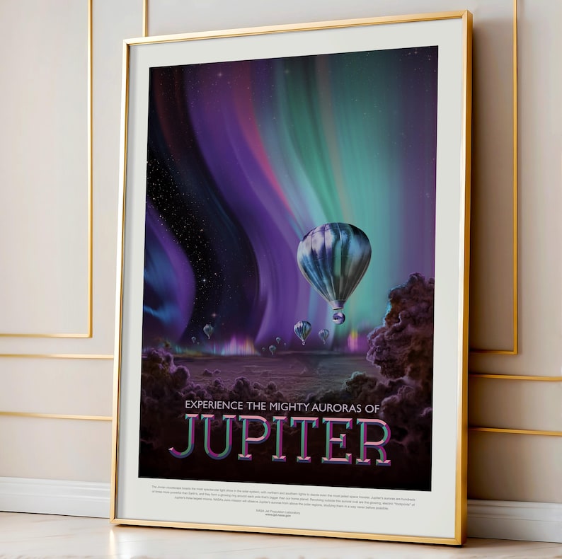 A colourful Nasa space exploration poster depicting the powerful auroras of Jupiter. This Giclee print features a balloon floating over the planet, creating a sense of wonder and adventure for space lovers.