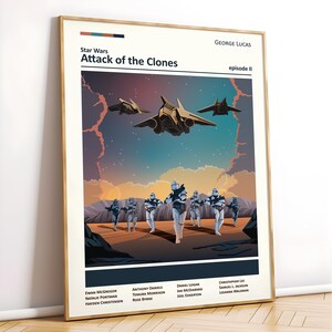 Może przedstawiać: Plakat filmowy Star Wars: Episode II - Atak klon&oacute;w przedstawiający zach&oacute;d słońca z klonami maszerującymi przez pustynny krajobraz. Na plakacie widoczne są r&oacute;wnież trzy myśliwce gwiezdne lecące w formacji na tle zachmurzonego nieba. Tekst "Star Wars: Episode II - Atak klon&oacute;w" i "Episode II" znajduje się na g&oacute;rze plakatu.