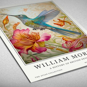 A close-up of a hummingbird in vibrant hues, set against an intricate floral background, capturing the timeless beauty of William Morris's design in a nature-inspired art piece.