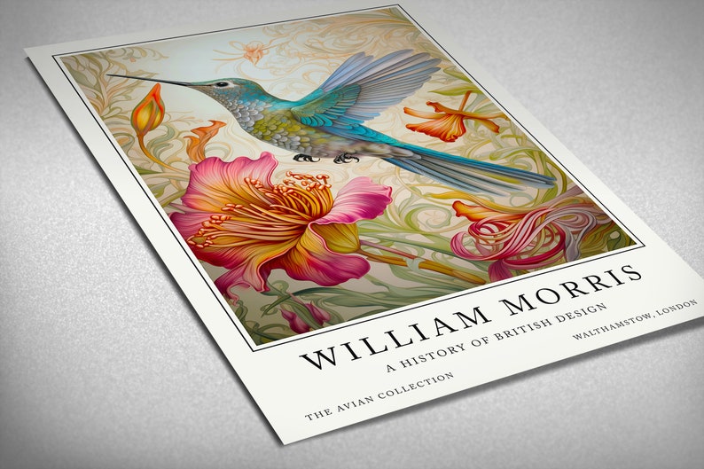A close-up of a hummingbird in vibrant hues, set against an intricate floral background, capturing the timeless beauty of William Morris's design in a nature-inspired art piece.