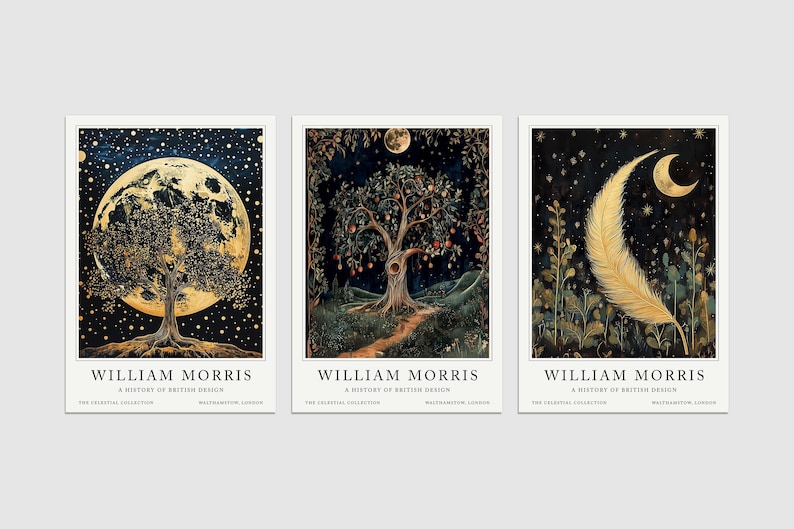 May include: Three gold-toned prints with a dark blue background and gold stars. Each print features a different image: a tree with a full moon behind it, a tree with a crescent moon above it, and a feather with a crescent moon above it. The text "WILLIAM MORRIS" is at the bottom of each print.