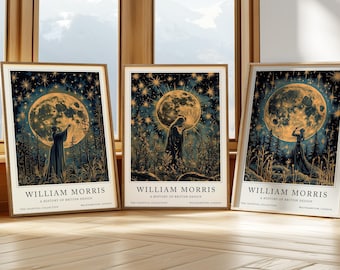 William Morris-printset, hemelse prints, maan- en sterrenprints, maanprint, sterrenprint, tarotprints, botanische muurkunst, cadeau voor haar