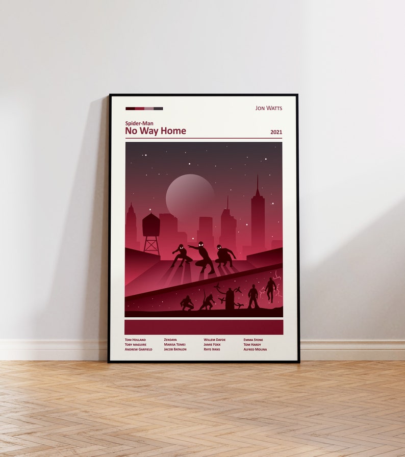 Detailed view of the poster showing the sharp lines and vibrant colors of the minimalist design, highlighting Spider-Man and key elements of the cityscape. Perfect for enhancing your home or office decor