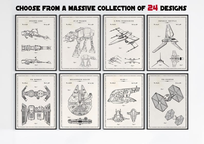 Collection of Star Wars patent and blueprint posters displayed showcasing detailed black and white technical illustrations of iconic Star Wars vehicles . Each print has a vintage, retro-style design, perfect for Star Wars fans and sci-fi enthusiasts.