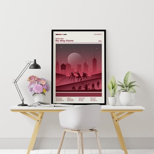 Op de afbeelding: Een minimalistisch posterontwerp voor de film "Spider-Man: No Way Home". De poster heeft een rood en zwart kleurenschema met een silhouet van Spider-Man en andere personages uit de film. De titel van de film staat in witte tekst bovenaan de poster. De poster bevat ook de naam van de regisseur, Jon Watts, en het releasejaar 2021.