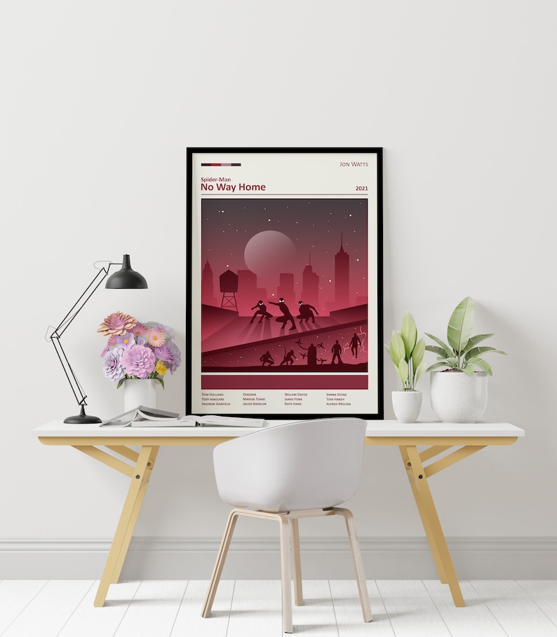 Op de afbeelding: Een minimalistisch posterontwerp voor de film "Spider-Man: No Way Home". De poster heeft een rood en zwart kleurenschema met een silhouet van Spider-Man en andere personages uit de film. De titel van de film staat in witte tekst bovenaan de poster. De poster bevat ook de naam van de regisseur, Jon Watts, en het releasejaar 2021.
