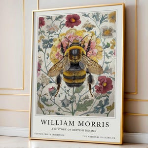 A William Morris Bee print in vintage Art Nouveau style featuring a detailed bee resting on a floral background. The Giclee print exhibits vibrant colors and fine detailing, ideal for enhancing home décor with a nature-inspired aesthetic.