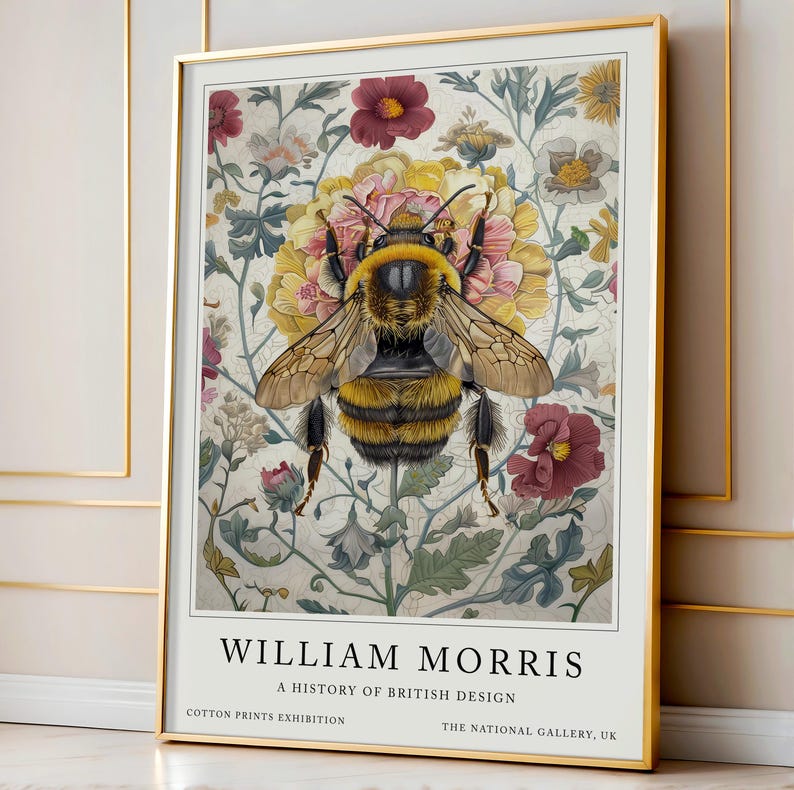 A William Morris Bee print in vintage Art Nouveau style featuring a detailed bee resting on a floral background. The Giclee print exhibits vibrant colors and fine detailing, ideal for enhancing home décor with a nature-inspired aesthetic.