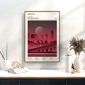 Op de afbeelding: Een minimalistische filmposter voor de film "Spider-Man: No Way Home" met een rood-zwart kleurenschema. De poster toont een silhouet van Spider-Man en andere personages tegen een stadsachtergrond. De titel van de film wordt bovenaan de poster in witte tekst weergegeven.