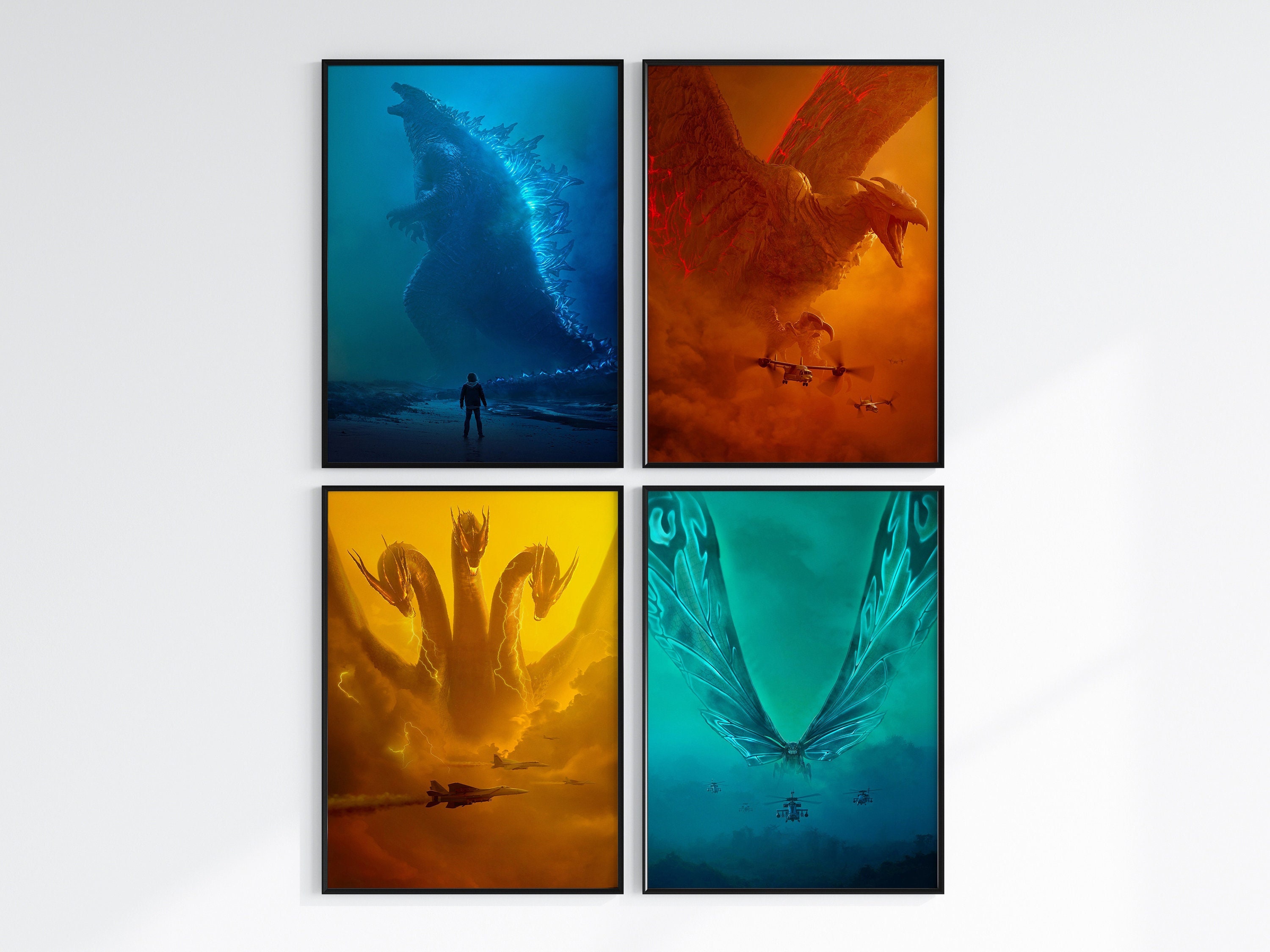 Monsterverse posters, Kong, Godzilla, Mothra, Ghidorah, Skull Island, King of monsters, Retro, Vintage, Wall Art, Monarch Poster, Monsters
