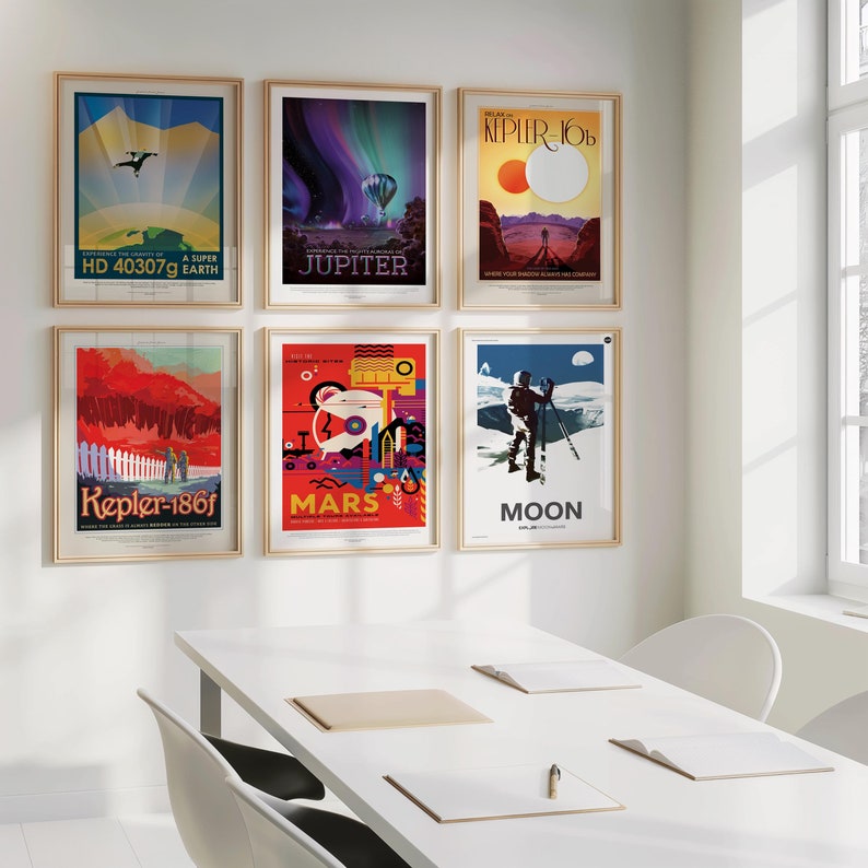 A set of six Nasa Space Exploration posters featuring Giclee prints of planets and moons, including HD 40307g, Jupiter, Kepler-16b, Kepler-186f, Mars, and the Moon. Each colourful print is perfect for space lovers and sci-fi enthusiasts.
