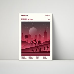 Op de afbeelding: Een minimalistische rode en zwarte poster voor de film Spider-Man: No Way Home. De poster toont een silhouet van Spider-Man en andere personages tegen een stadsachtergrond. De titel van de film staat in witte tekst bovenaan de poster. De poster bevat ook de naam van de regisseur, Jon Watts, en het jaar van uitgave, 2021.