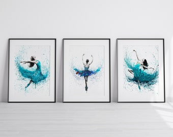 Ballerina Print, Set of 3 Prints, Soft Muted blue tones, Watercolour effect, Ballet Dancer, Modern Art, Ballerina Poster