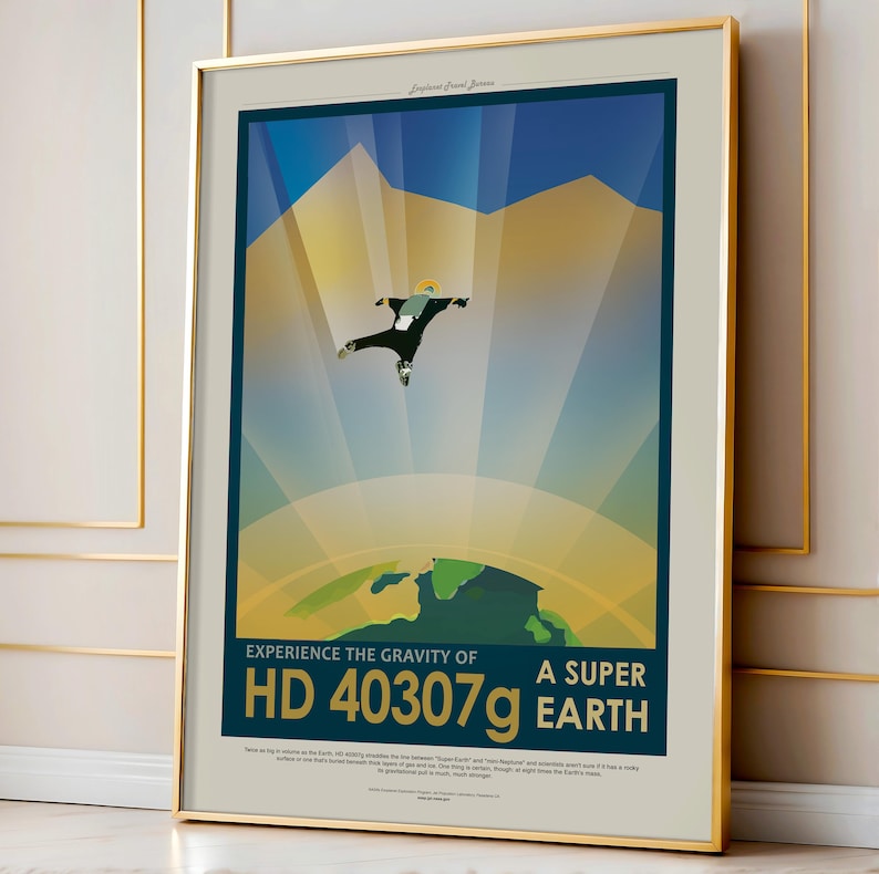 A bold Giclee print featuring a futuristic poster of HD 40307g, a super-Earth exoplanet. The poster highlights vibrant colors and geometric designs, ideal for space enthusiasts and modern sci-fi wall décor.