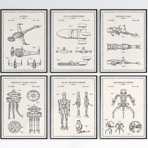 Star Wars Imperial Shuttle patent blueprint poster, classic sci-fi vehicle illustration, black and white vintage style, ideal for Star Wars-themed rooms.
