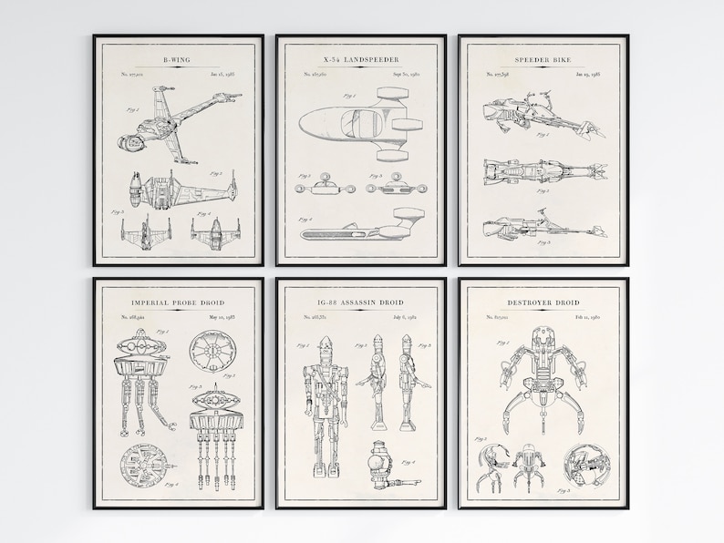 Star Wars Imperial Shuttle patent blueprint poster, classic sci-fi vehicle illustration, black and white vintage style, ideal for Star Wars-themed rooms.
